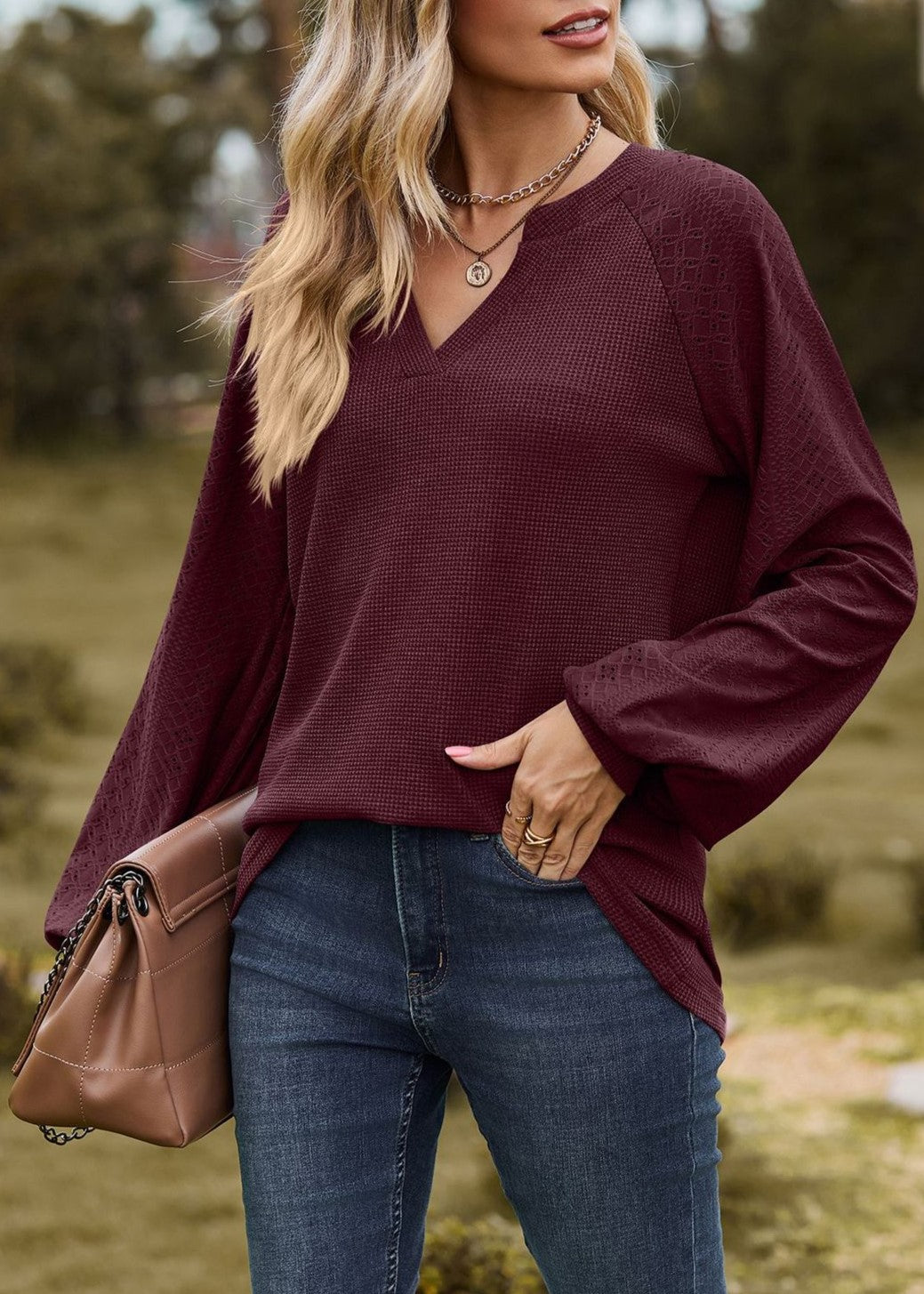 V Neck Balloon Sleeve Waffle Knit Blouse - Burgundy