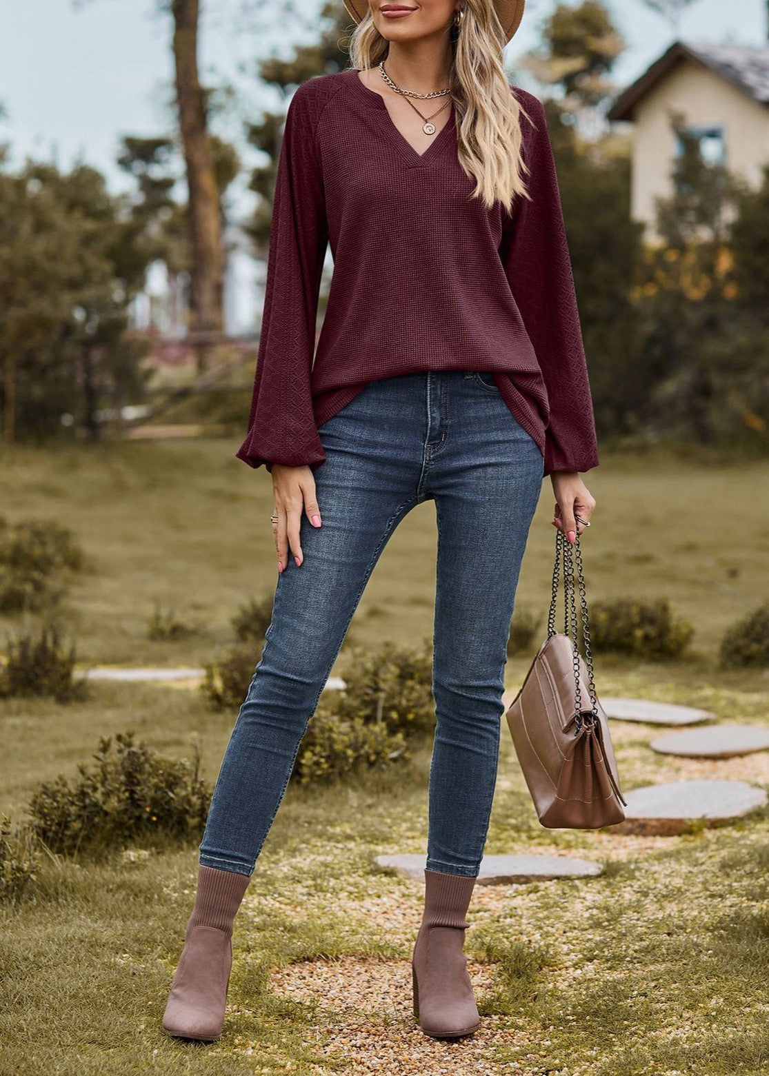 V Neck Balloon Sleeve Waffle Knit Blouse - Burgundy - 1
