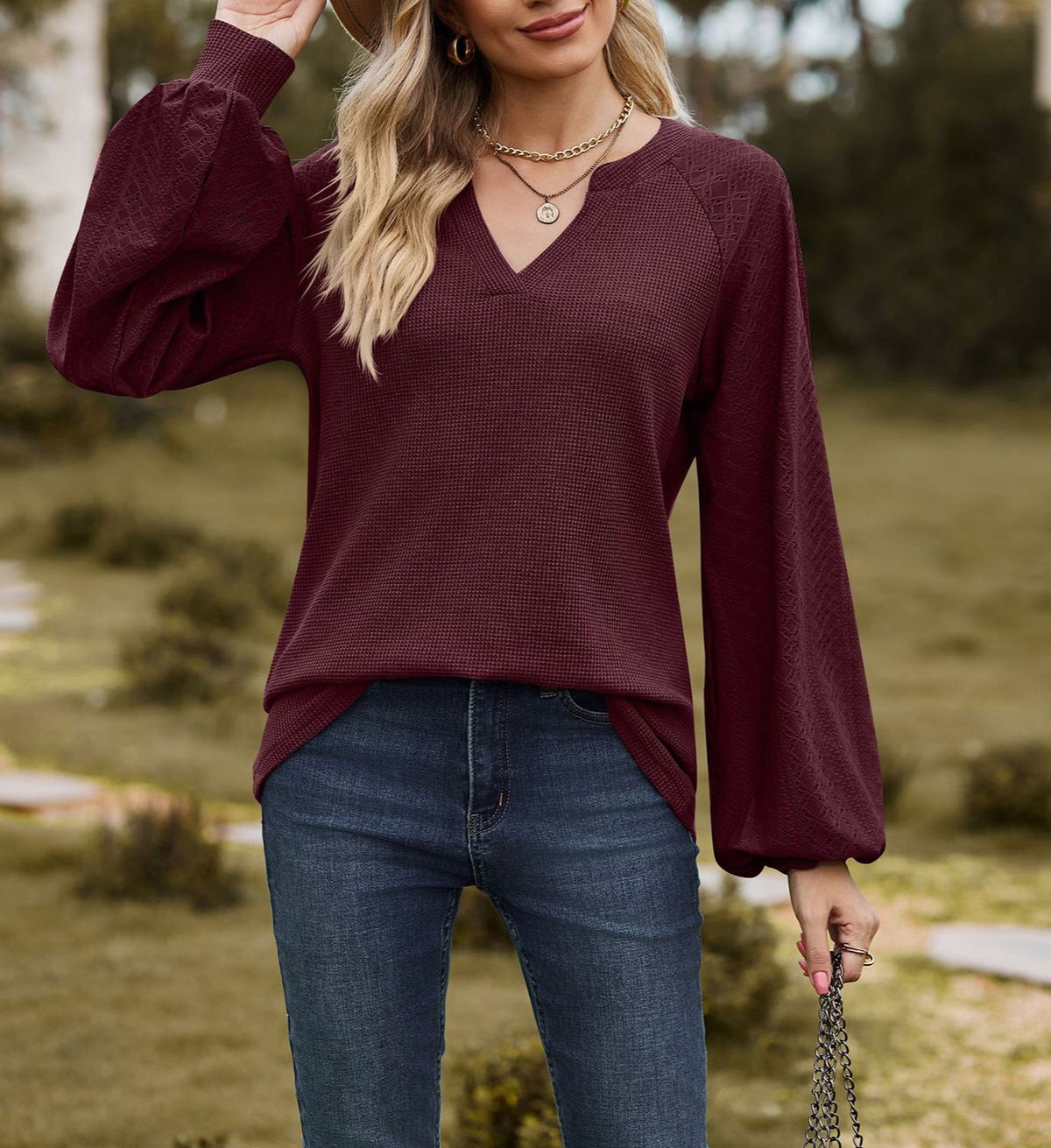 V Neck Balloon Sleeve Waffle Knit Blouse - Burgundy - 2