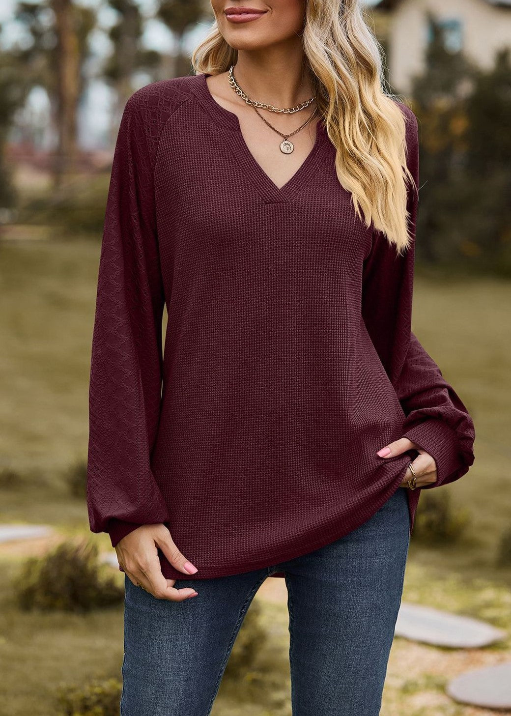 V Neck Balloon Sleeve Waffle Knit Blouse - Burgundy - 3
