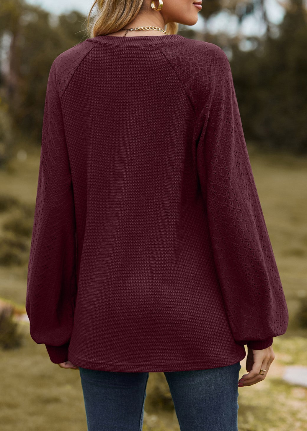 V Neck Balloon Sleeve Waffle Knit Blouse - Burgundy - 4