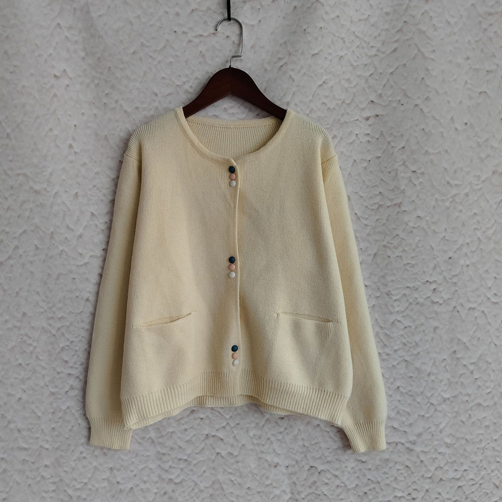 Colourful Button Round Neck Cardigan - Beige