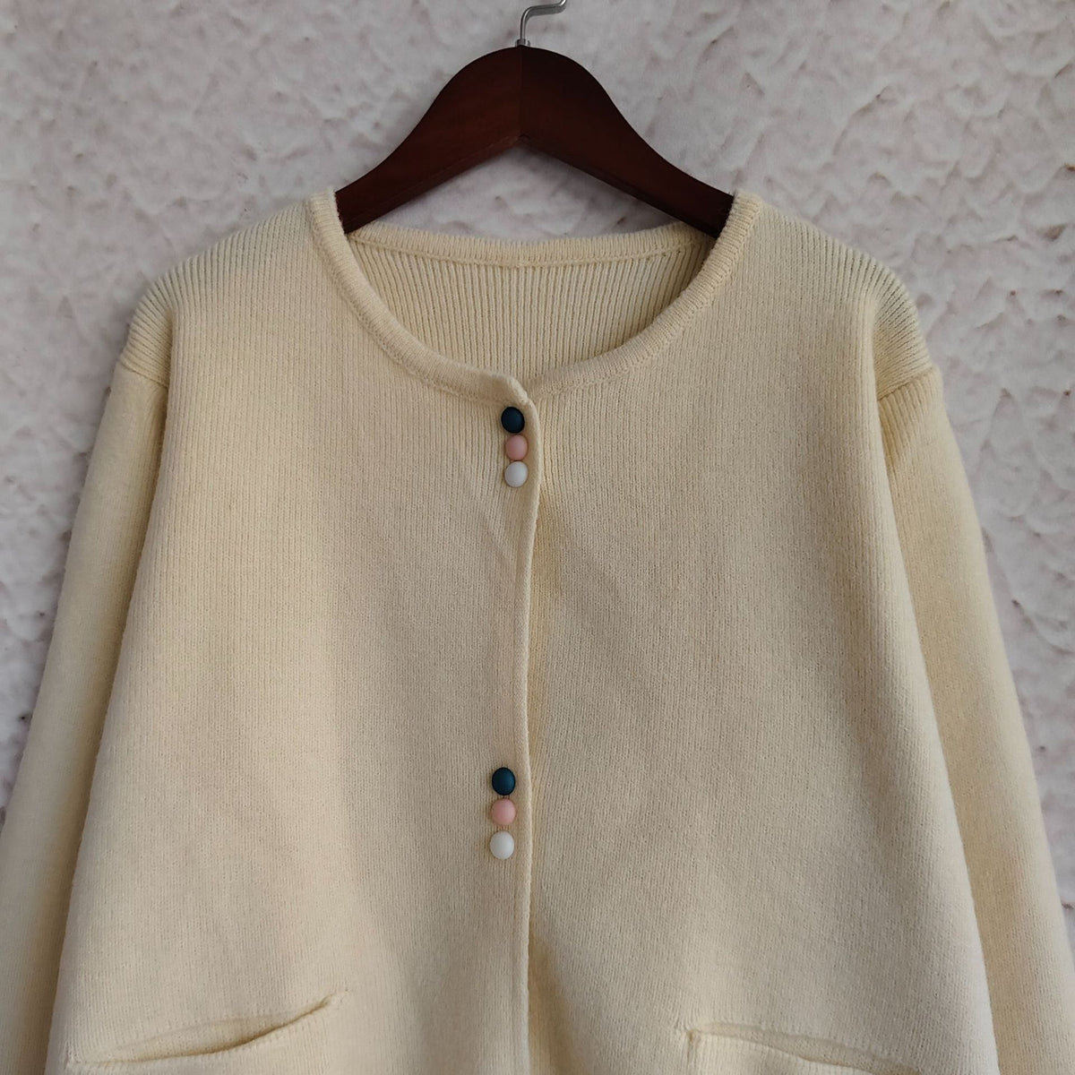 Colourful Button Round Neck Cardigan - Beige - 1