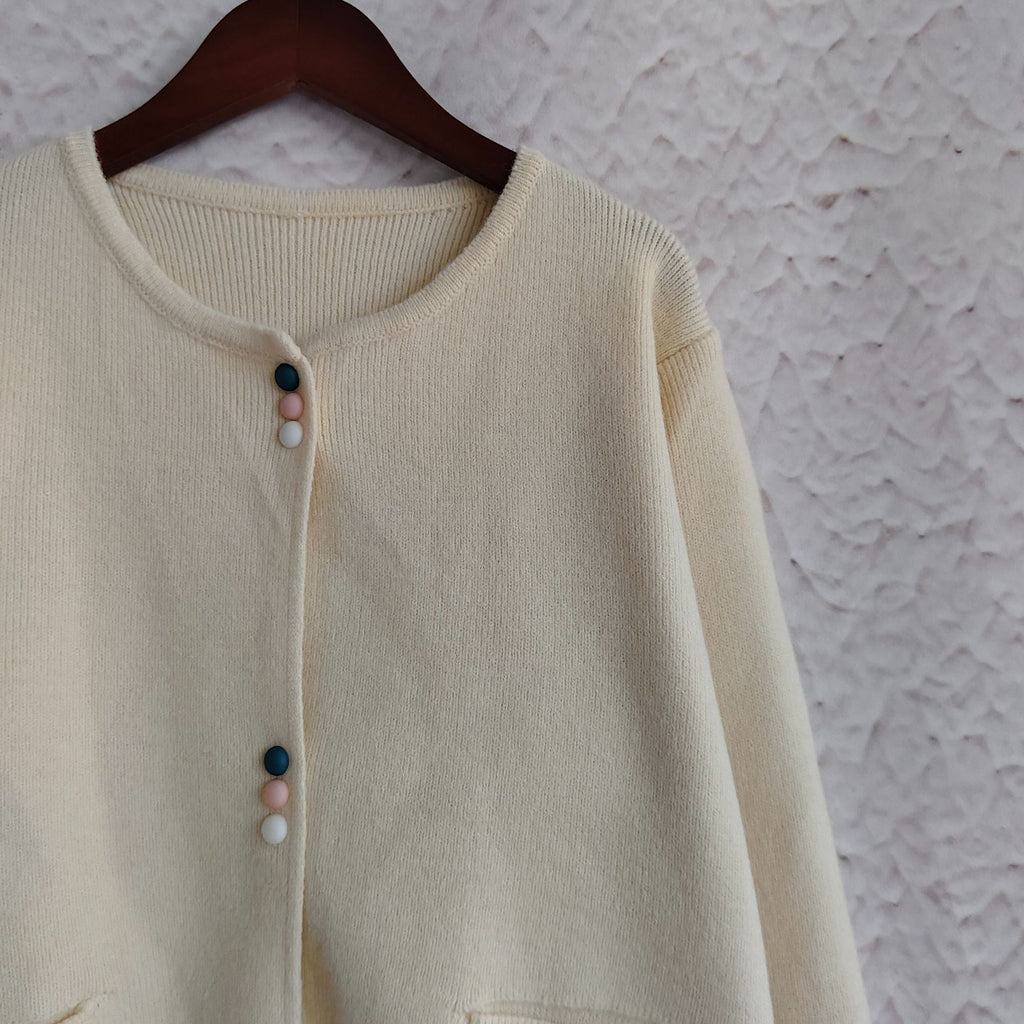 Colourful Button Round Neck Cardigan - Beige - 2