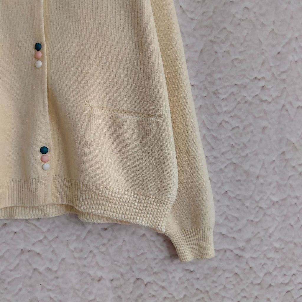 Colourful Button Round Neck Cardigan - Beige - 3