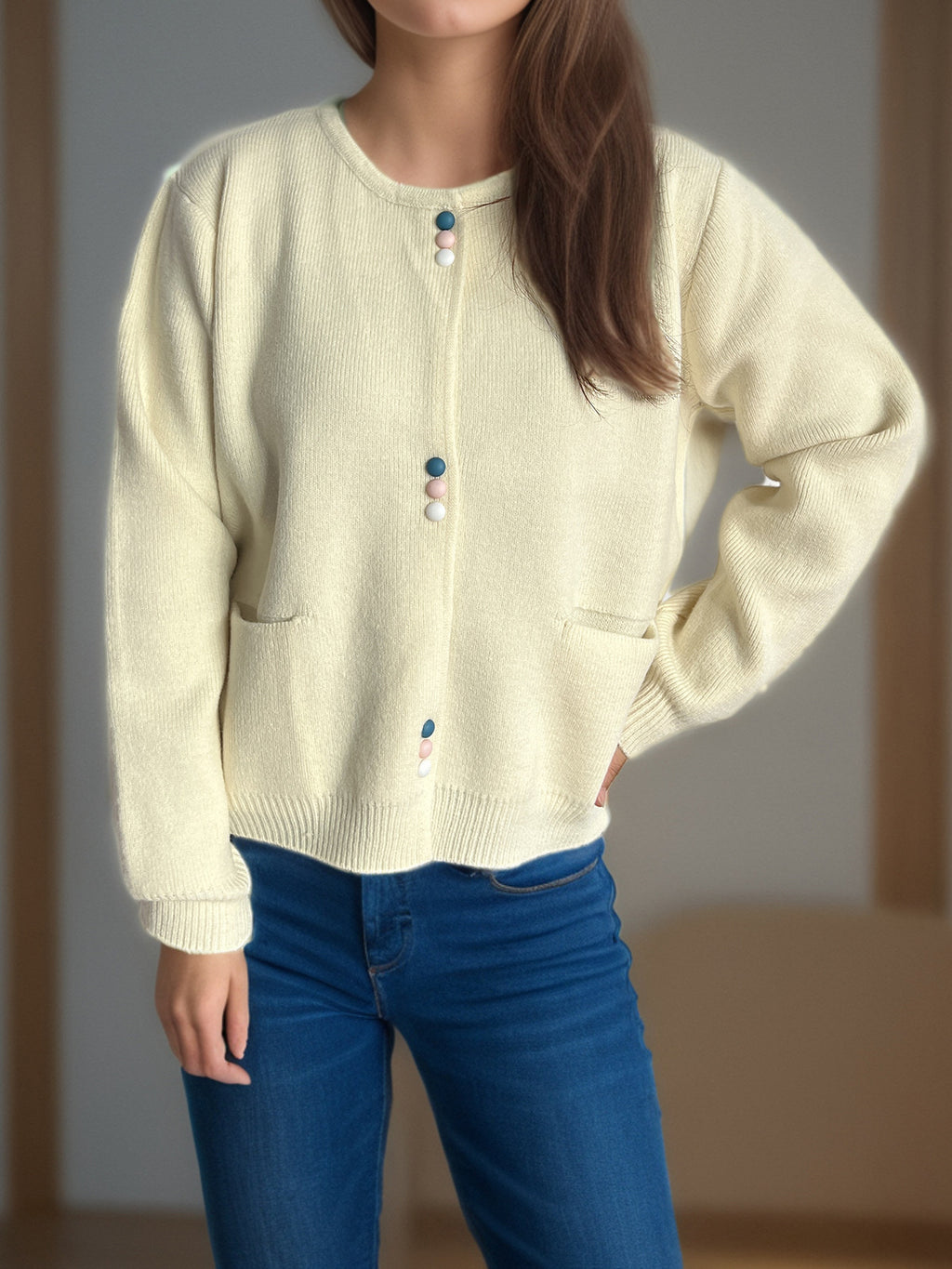 Colourful Button Round Neck Cardigan - Beige - 6