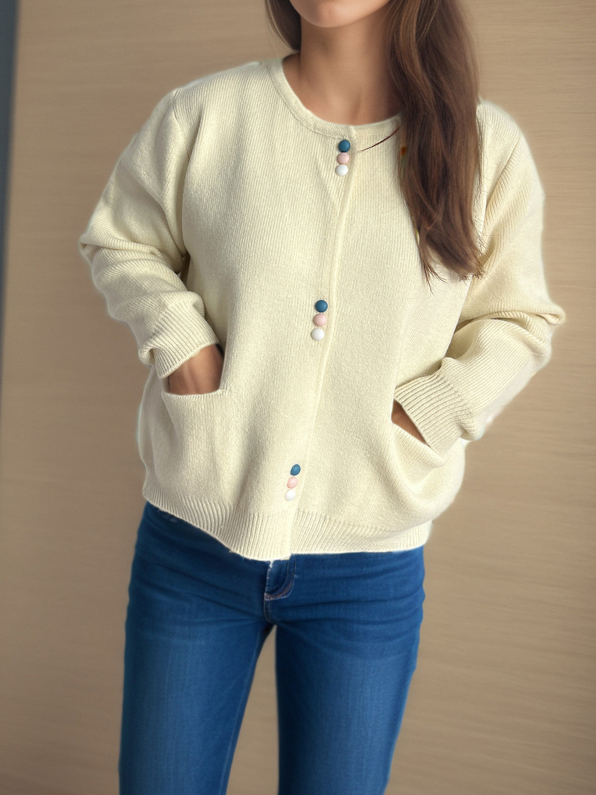 Colourful Button Round Neck Cardigan - Beige - 7