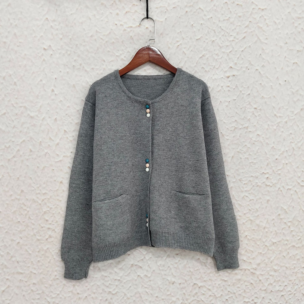 Colourful Button Round Neck Cardigan - Grey