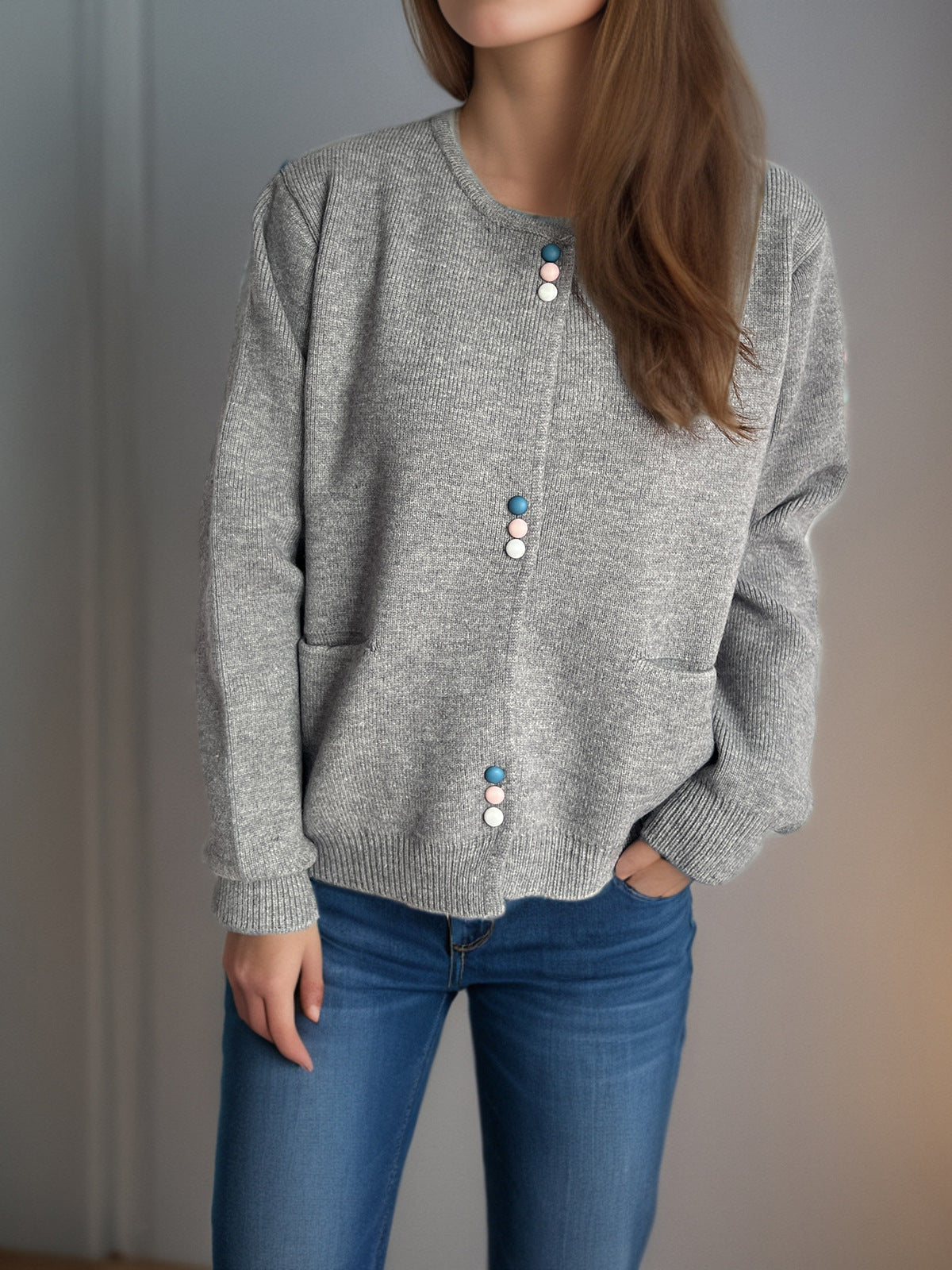 Colourful Button Round Neck Cardigan - Grey - 2