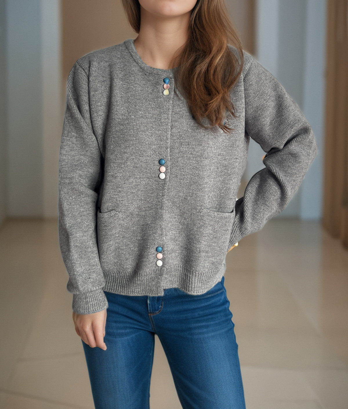 Colourful Button Round Neck Cardigan - Grey - 3