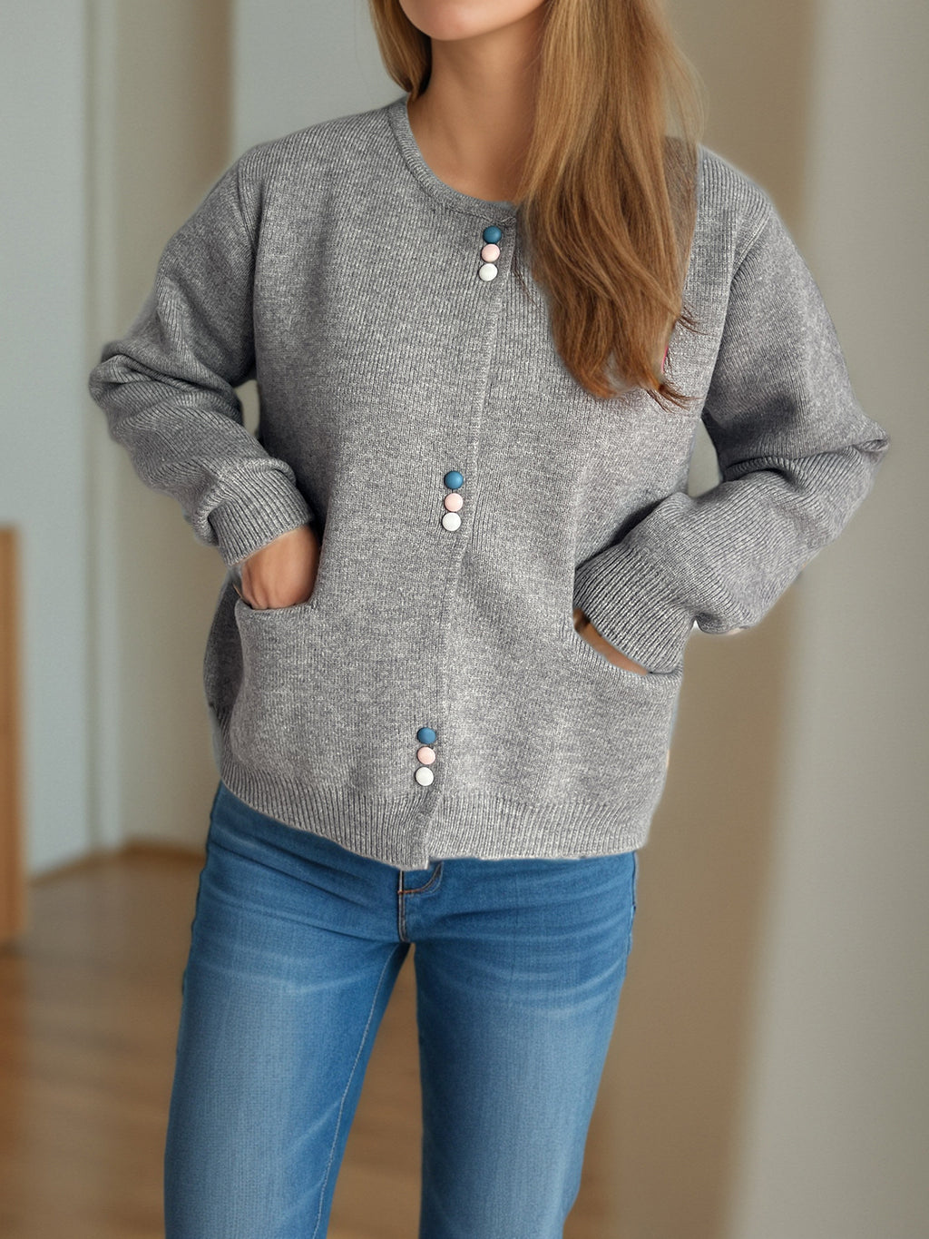 Colourful Button Round Neck Cardigan - Grey - 4