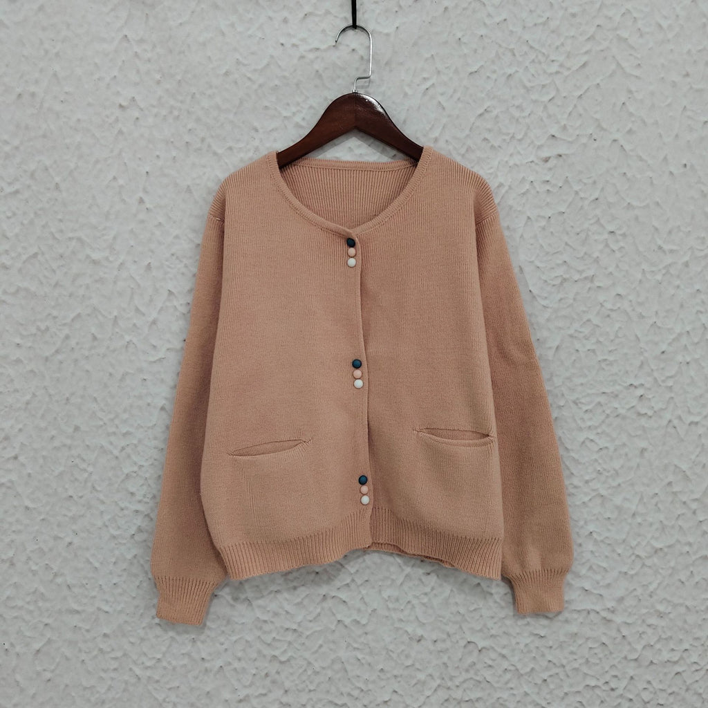 Colourful Button Round Neck Cardigan - Pink