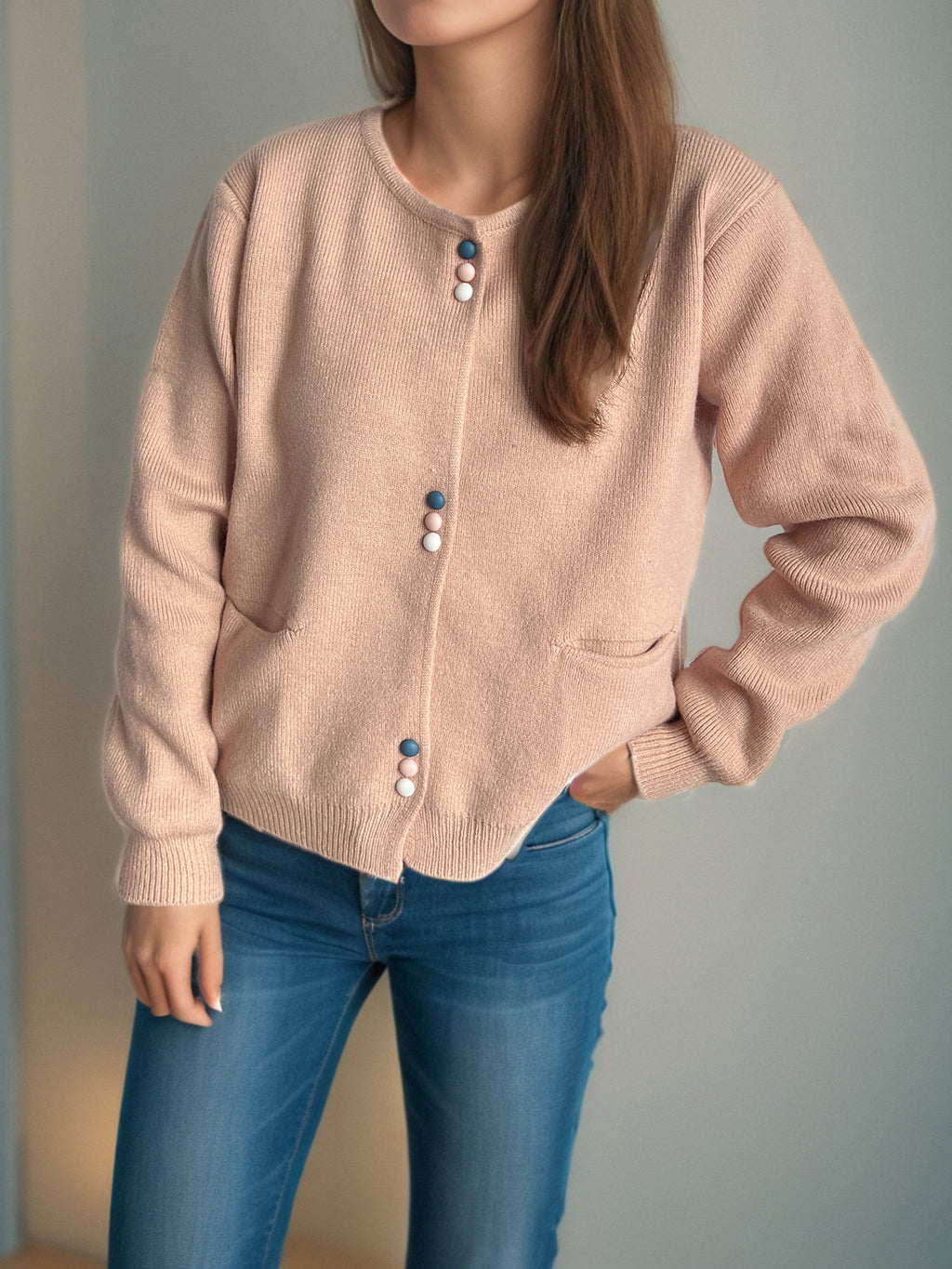 Colourful Button Round Neck Cardigan - Pink - 2