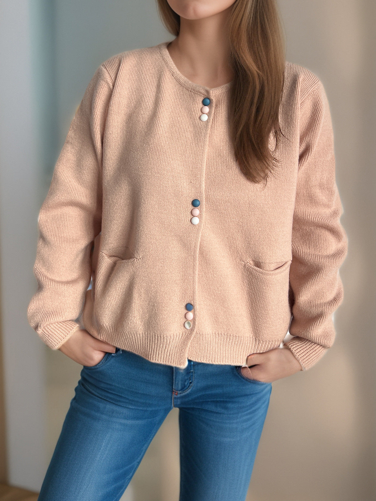 Colourful Button Round Neck Cardigan - Pink - 3