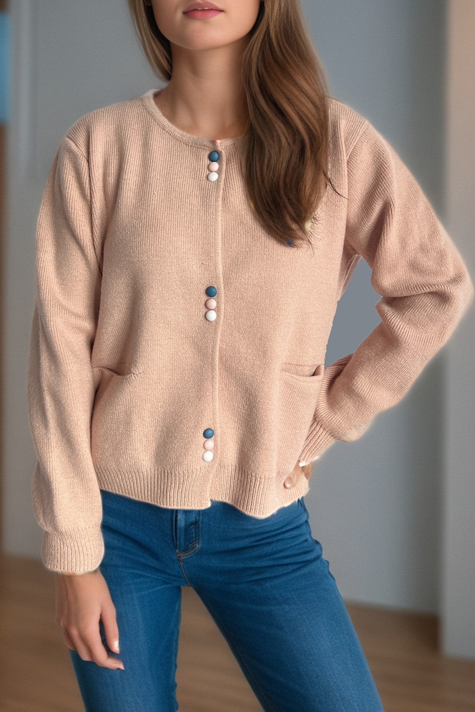 Colourful Button Round Neck Cardigan - Pink - 4