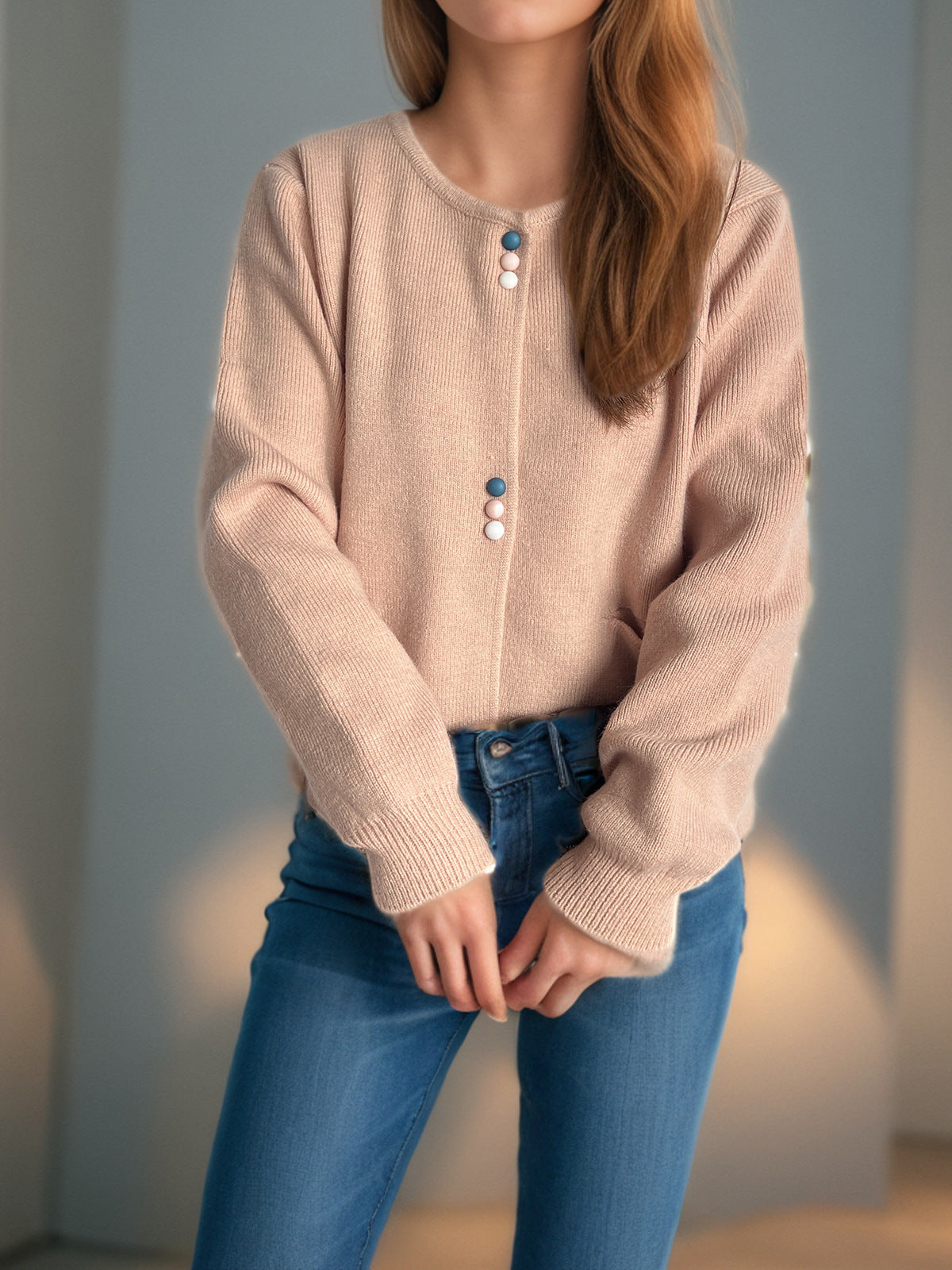 Colourful Button Round Neck Cardigan - Pink - 5
