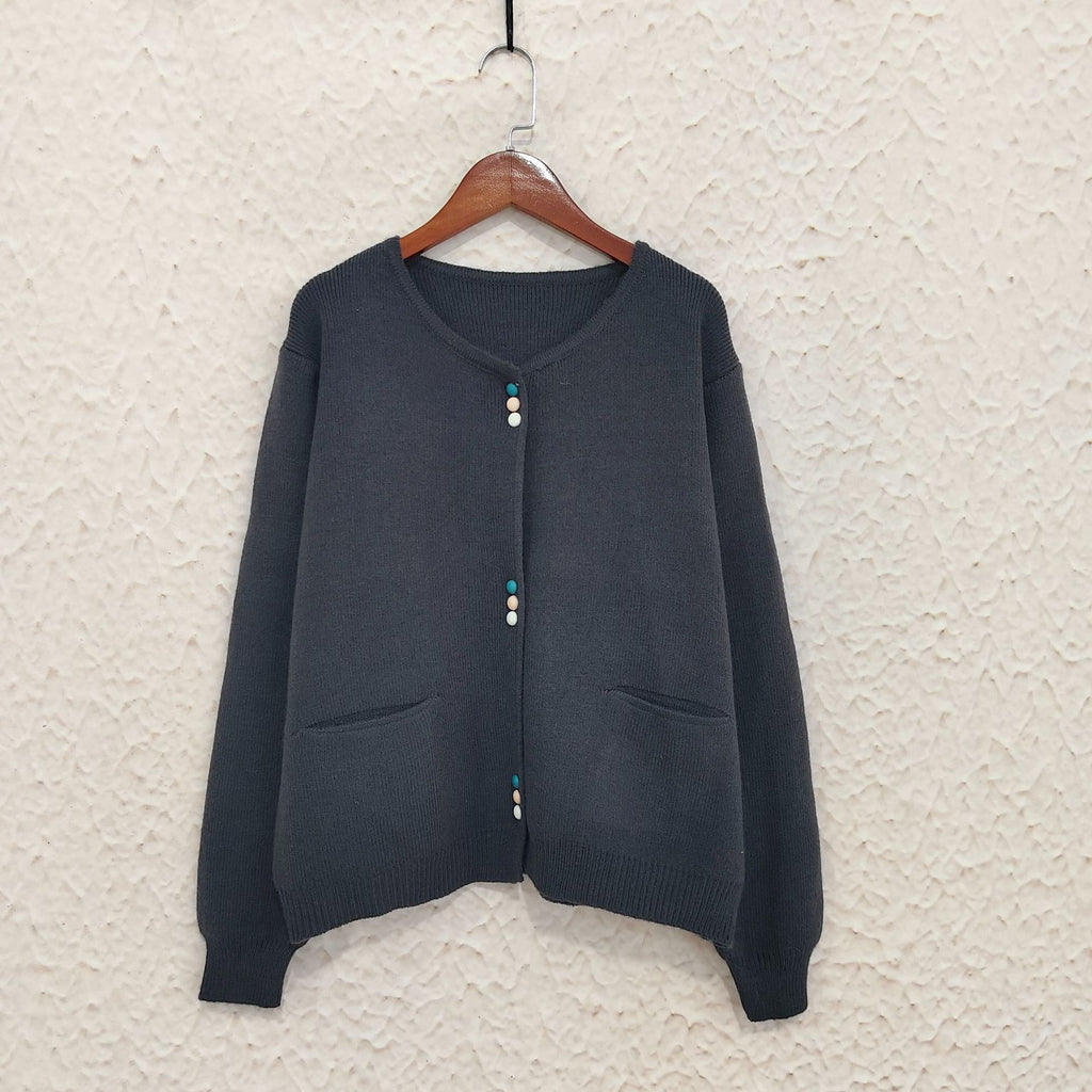 Colourful Button Round Neck Cardigan - charcoal