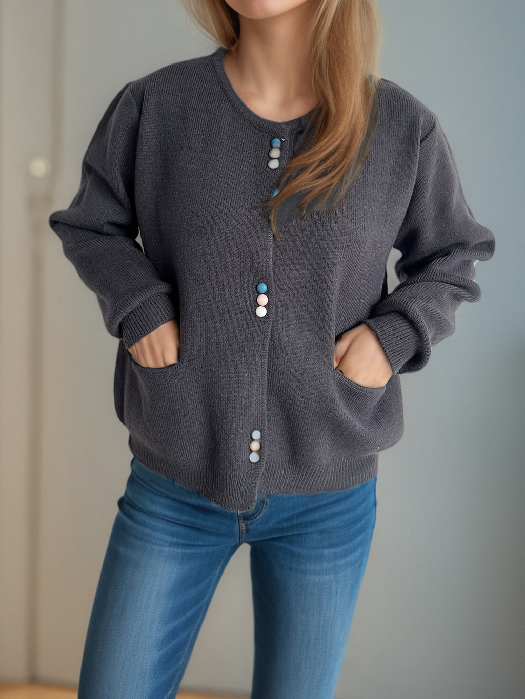 Colourful Button Round Neck Cardigan - charcoal - 3