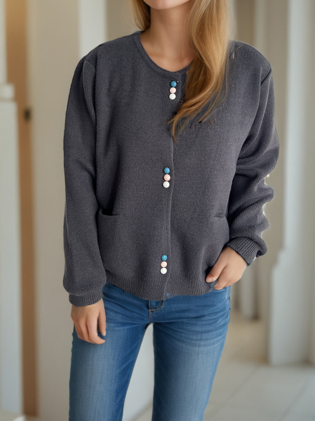 Colourful Button Round Neck Cardigan - charcoal - 4