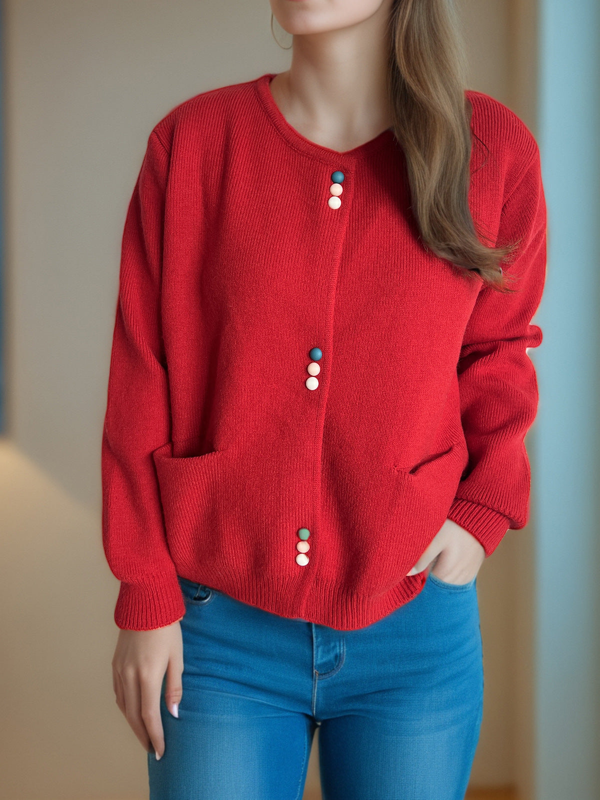 Colourful Button Round Neck Cardigan - red