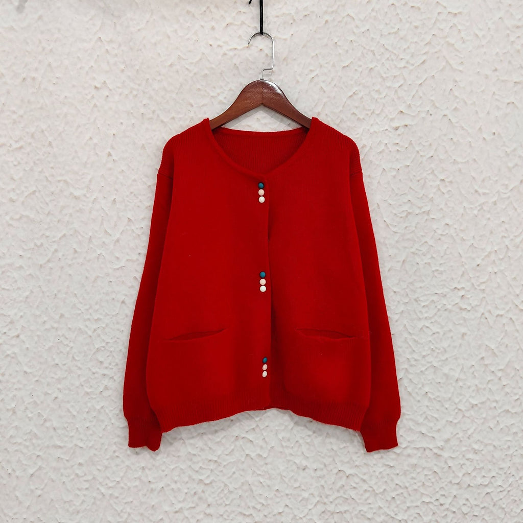 Colourful Button Round Neck Cardigan - red - 1