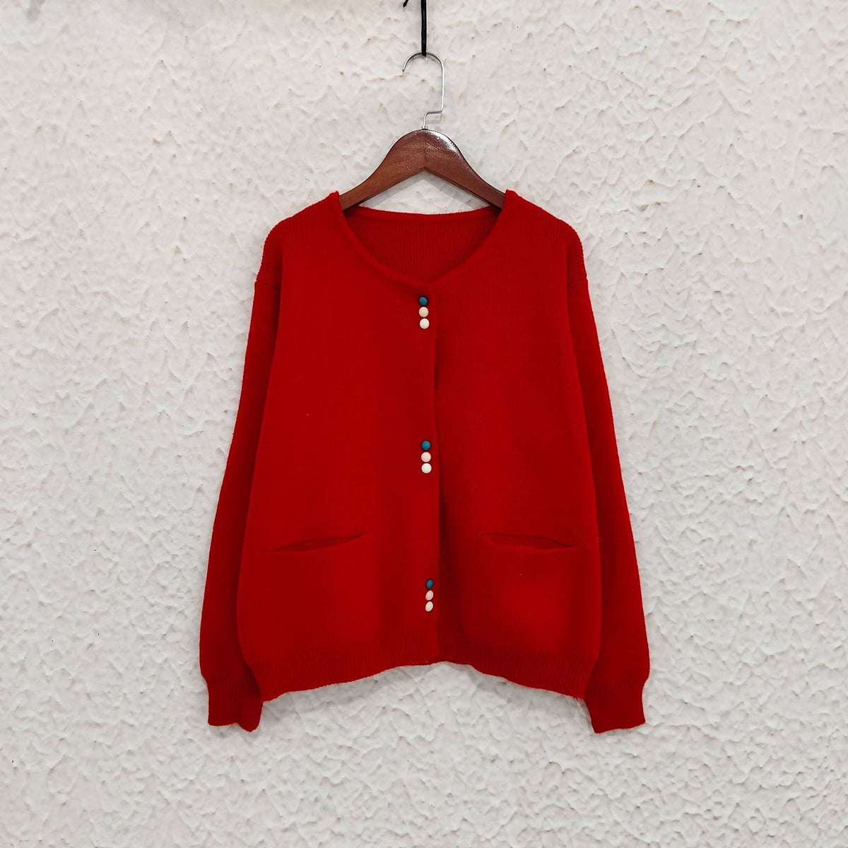 Colourful Button Round Neck Cardigan - red - 1