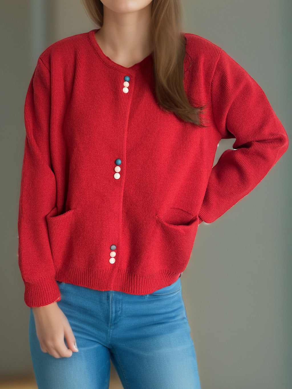 Colourful Button Round Neck Cardigan - red - 3