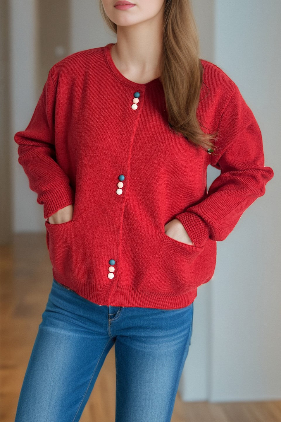 Colourful Button Round Neck Cardigan - red - 4