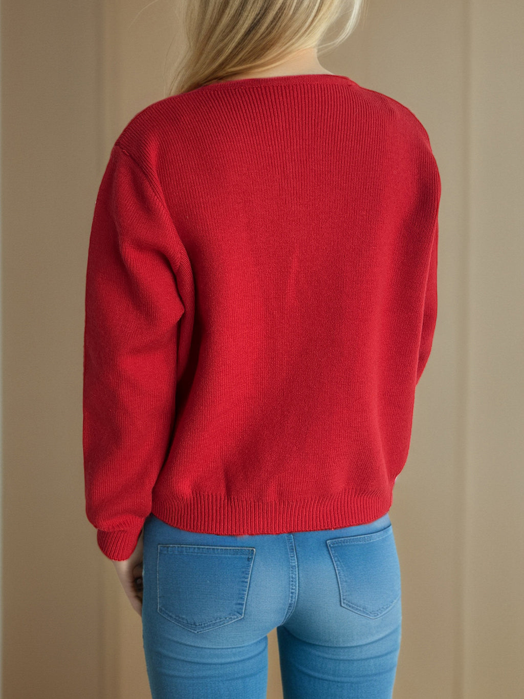 Colourful Button Round Neck Cardigan - red - 5