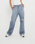 Distressed Elastic Waist Wide Leg Jeans - Light-Blue