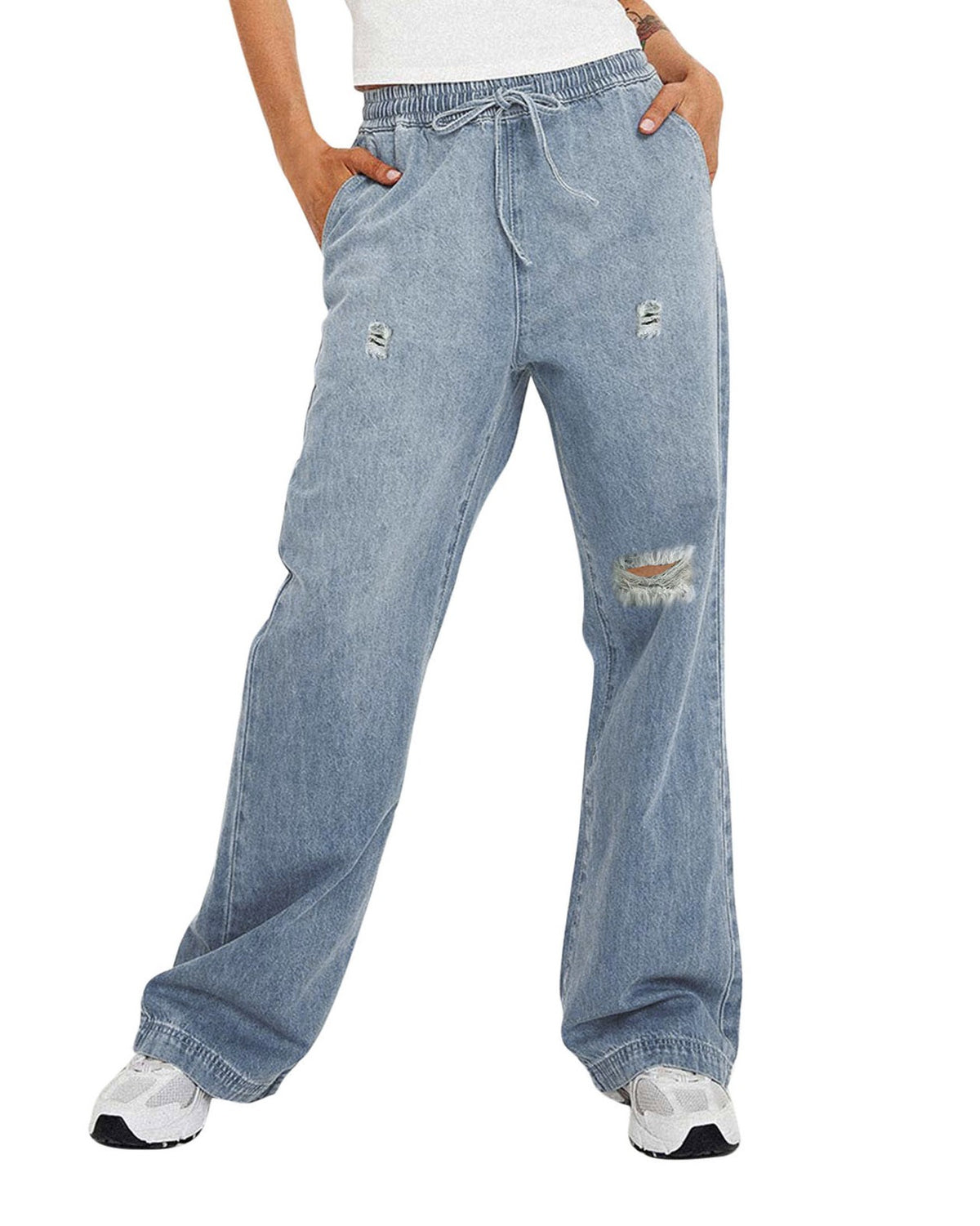Distressed Elastic Waist Wide Leg Jeans - Light-Blue - 1