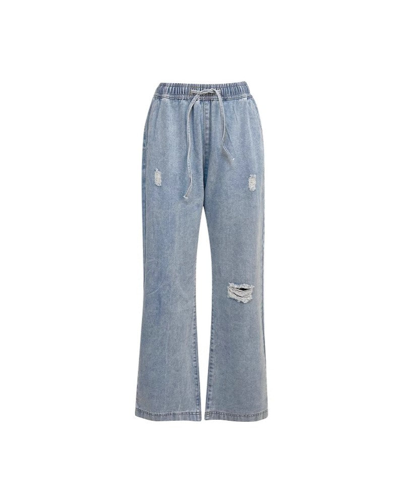 Distressed Elastic Waist Wide Leg Jeans - Light-Blue - 2