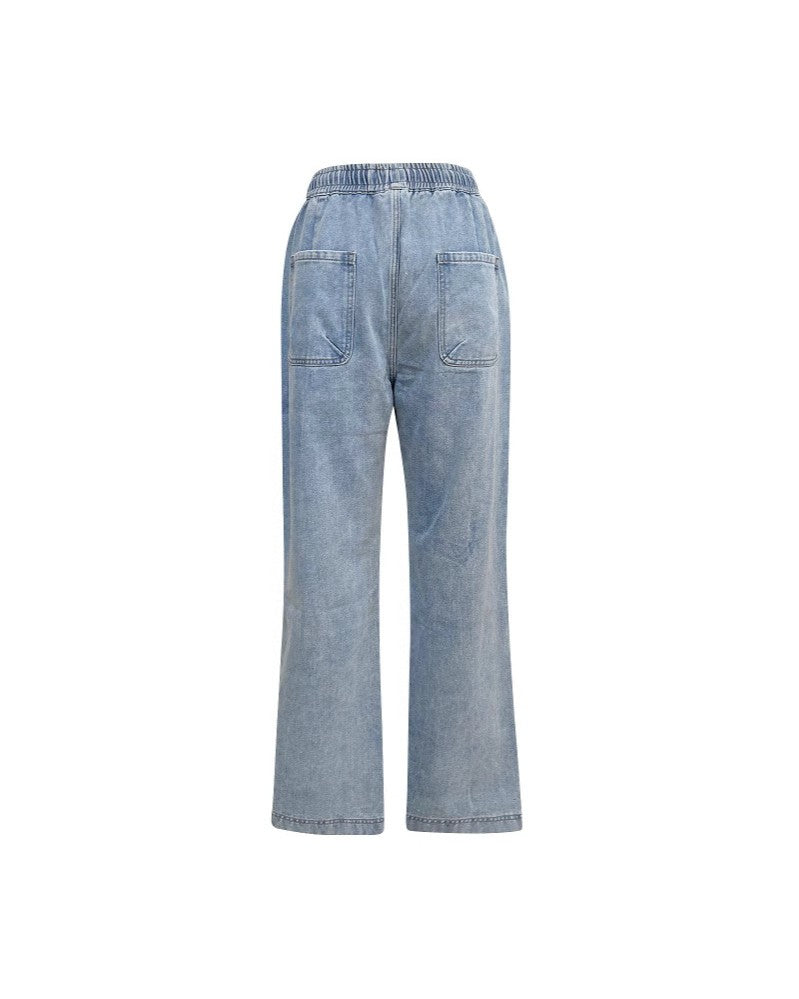 Distressed Elastic Waist Wide Leg Jeans - Light-Blue - 3