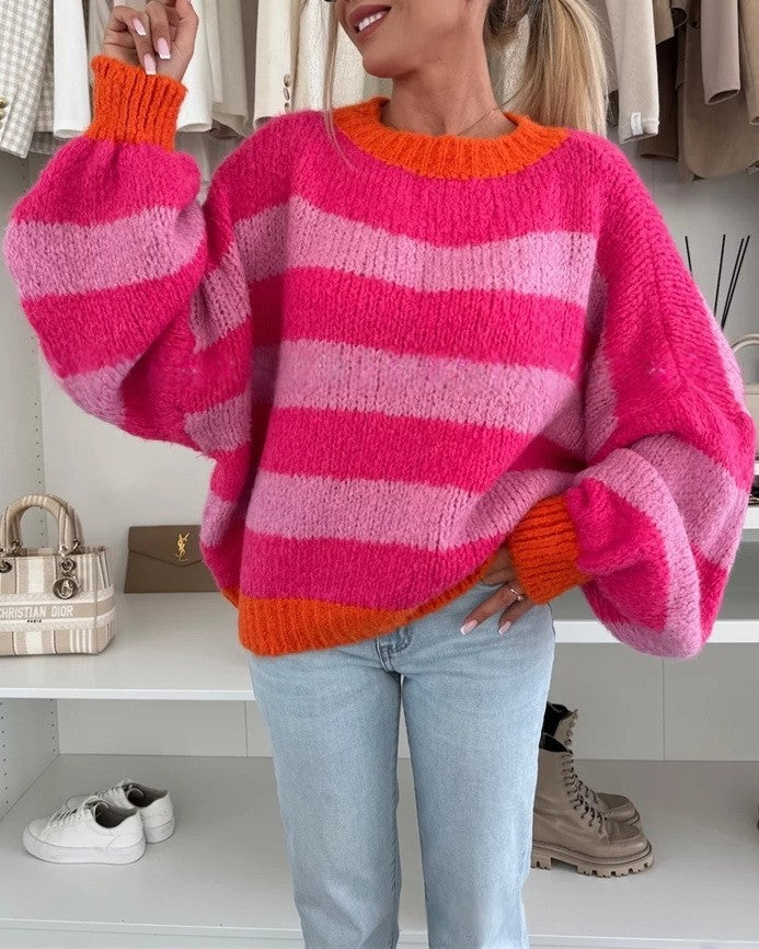 Striped Fuzzy Knit Balloon Sleeve Sweater - Pink