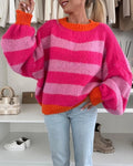 Striped Fuzzy Knit Balloon Sleeve Sweater - Pink