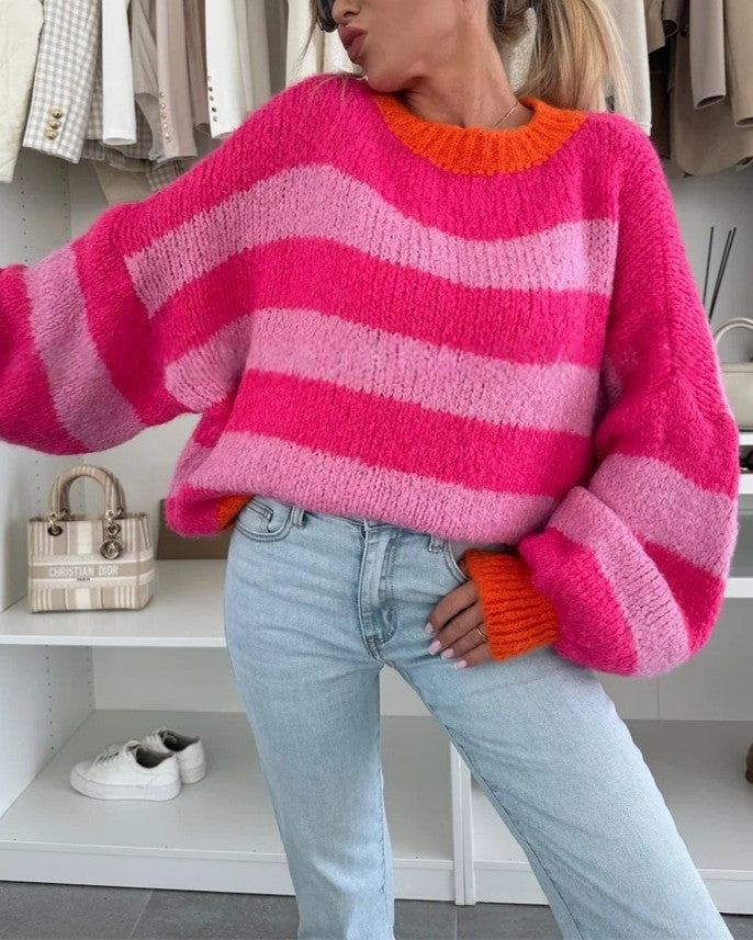 Striped Fuzzy Knit Balloon Sleeve Sweater - Pink - 1