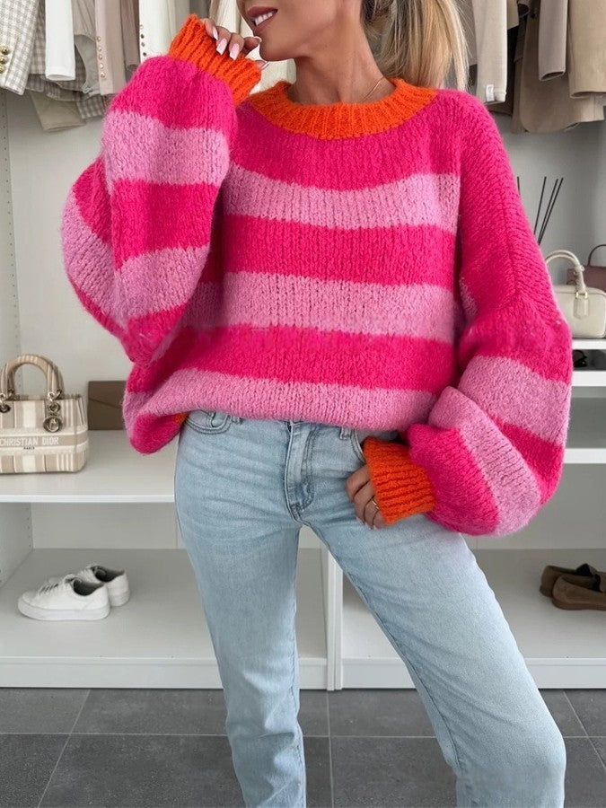 Striped Fuzzy Knit Balloon Sleeve Sweater - Pink - 2