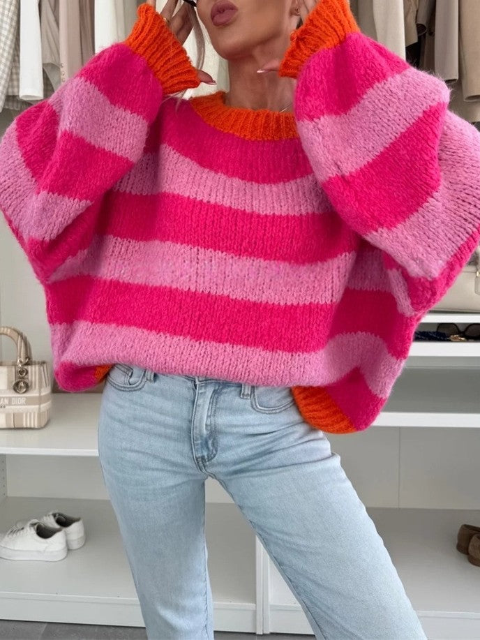 Striped Fuzzy Knit Balloon Sleeve Sweater - Pink - 3