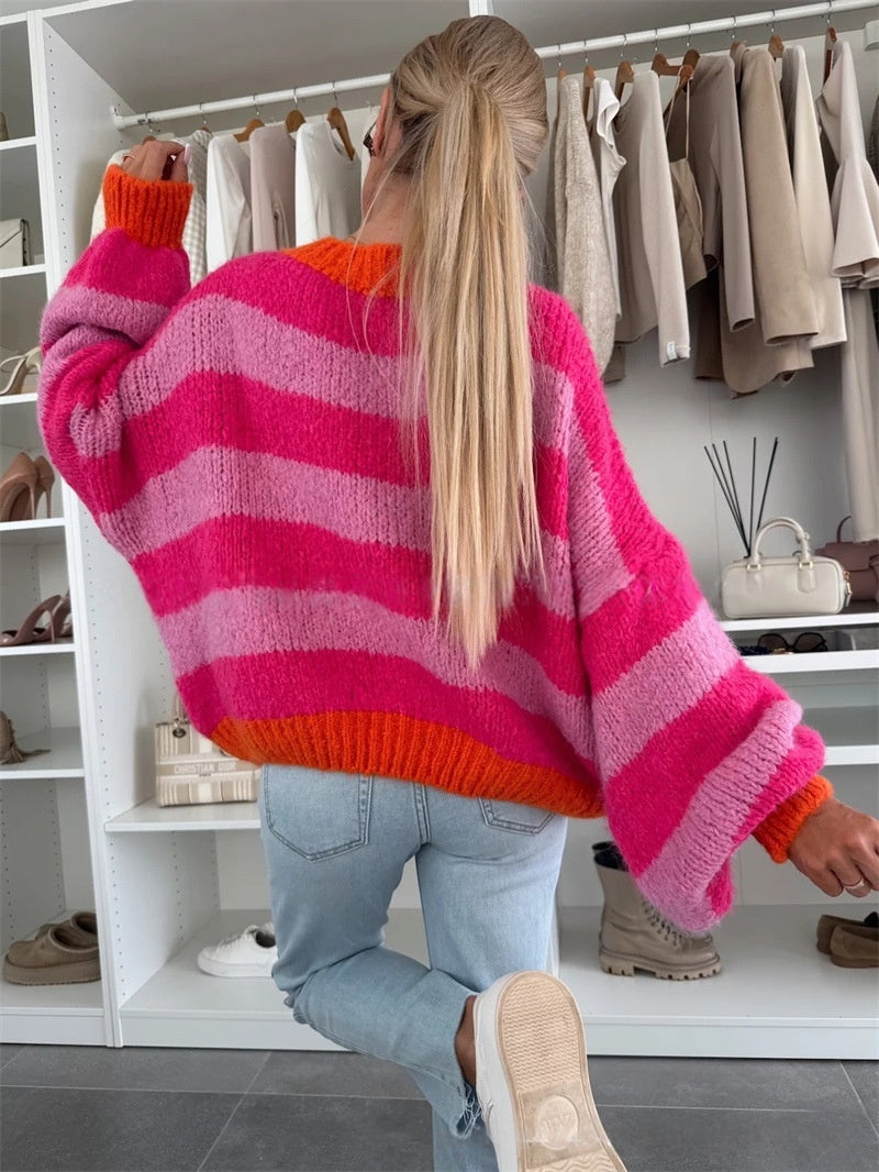 Striped Fuzzy Knit Balloon Sleeve Sweater - Pink - 4