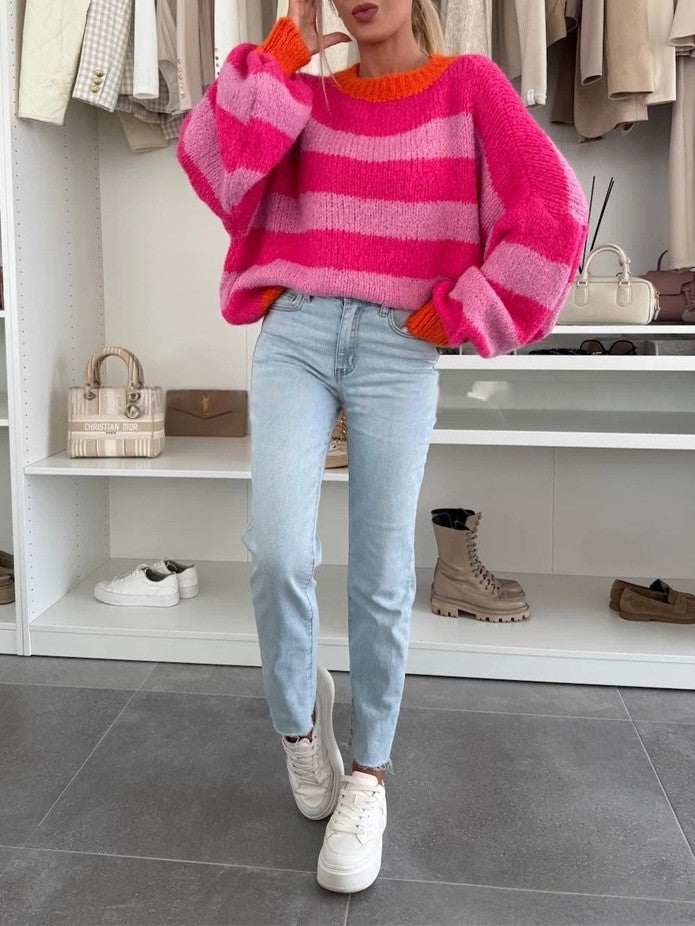 Striped Fuzzy Knit Balloon Sleeve Sweater - Pink - 5