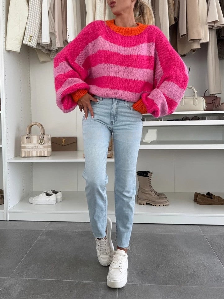 Striped Fuzzy Knit Balloon Sleeve Sweater - Pink - 6