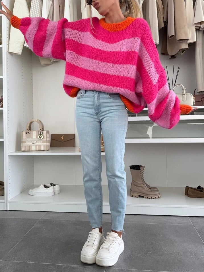 Striped Fuzzy Knit Balloon Sleeve Sweater - Pink - 7