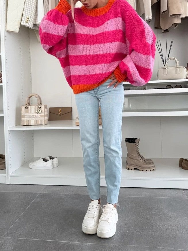 Striped Fuzzy Knit Balloon Sleeve Sweater - Pink - 8