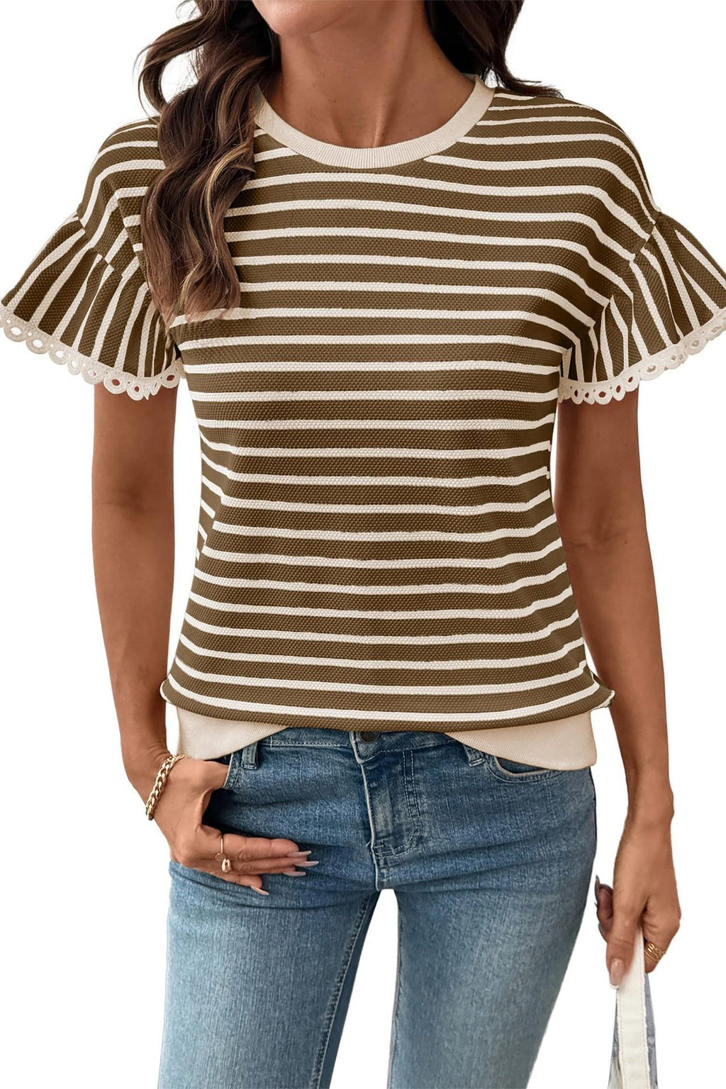 Lace Ruffle Sleeve Striped Knit Tee - Coffee