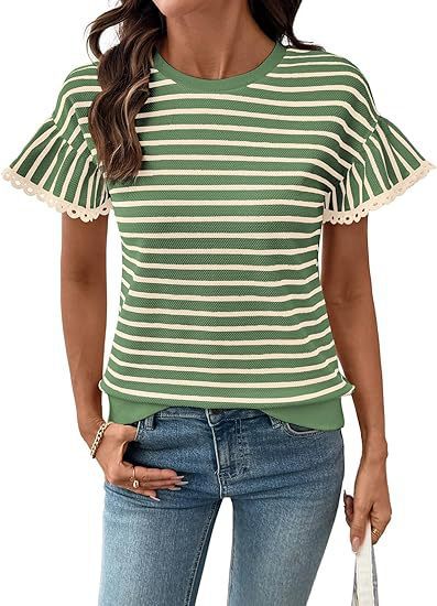 Lace Ruffle Sleeve Striped Knit Tee - Green