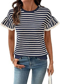 Lace Ruffle Sleeve Striped Knit Tee - Navy