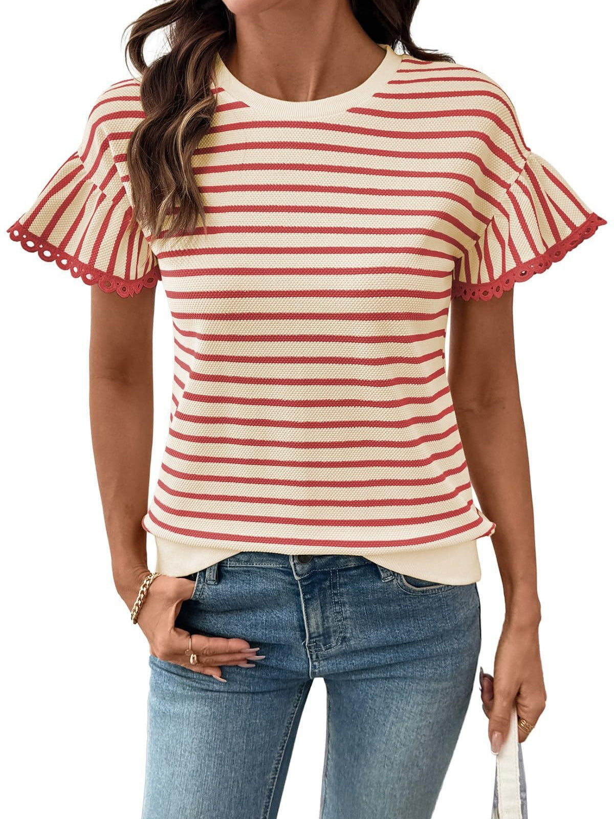 Lace Ruffle Sleeve Striped Knit Tee - Red