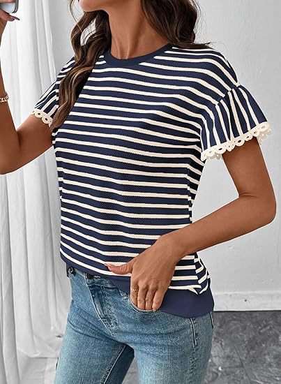 Lace Ruffle Sleeve Striped Knit Tee