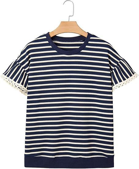 Lace Ruffle Sleeve Striped Knit Tee - view 1