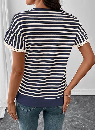 Lace Ruffle Sleeve Striped Knit Tee - view 2